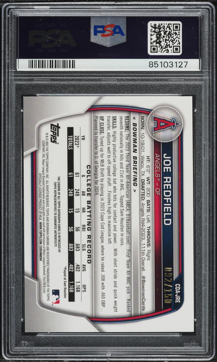 2023 Bowman Chrome Draft HTA Choice Joe Redfield ROOKIE AUTO /150 #CDAJRE PSA 10