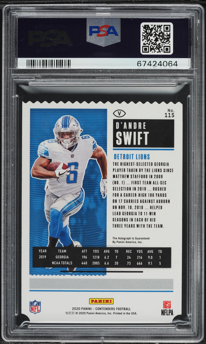 2020 Panini Contenders Team Helmet D'Andre Swift ROOKIE AUTO 1/6 #115 PSA 10 GEM