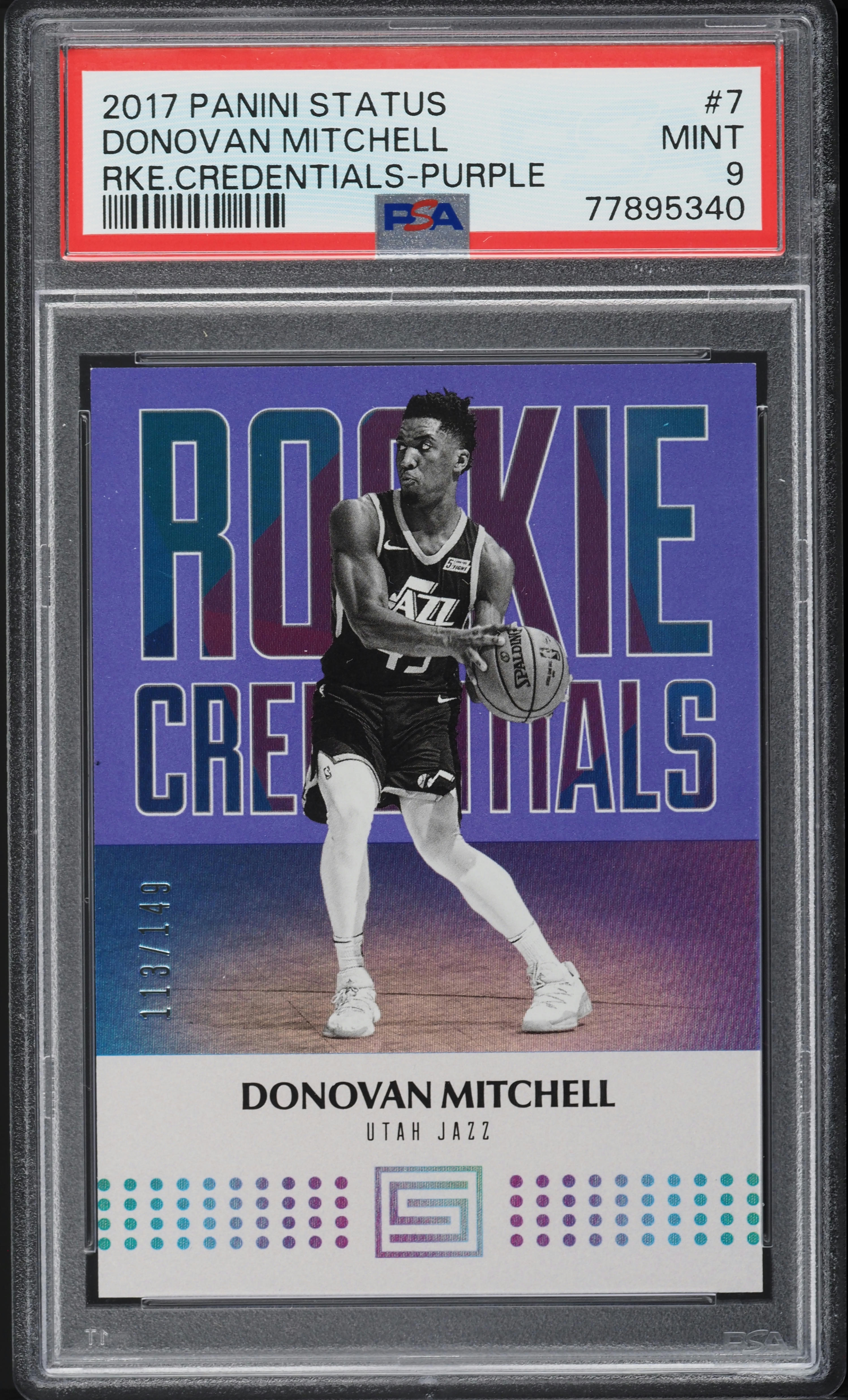 2017 Panini Status Credentials Purple Donovan Mitchell ROOKIE /149