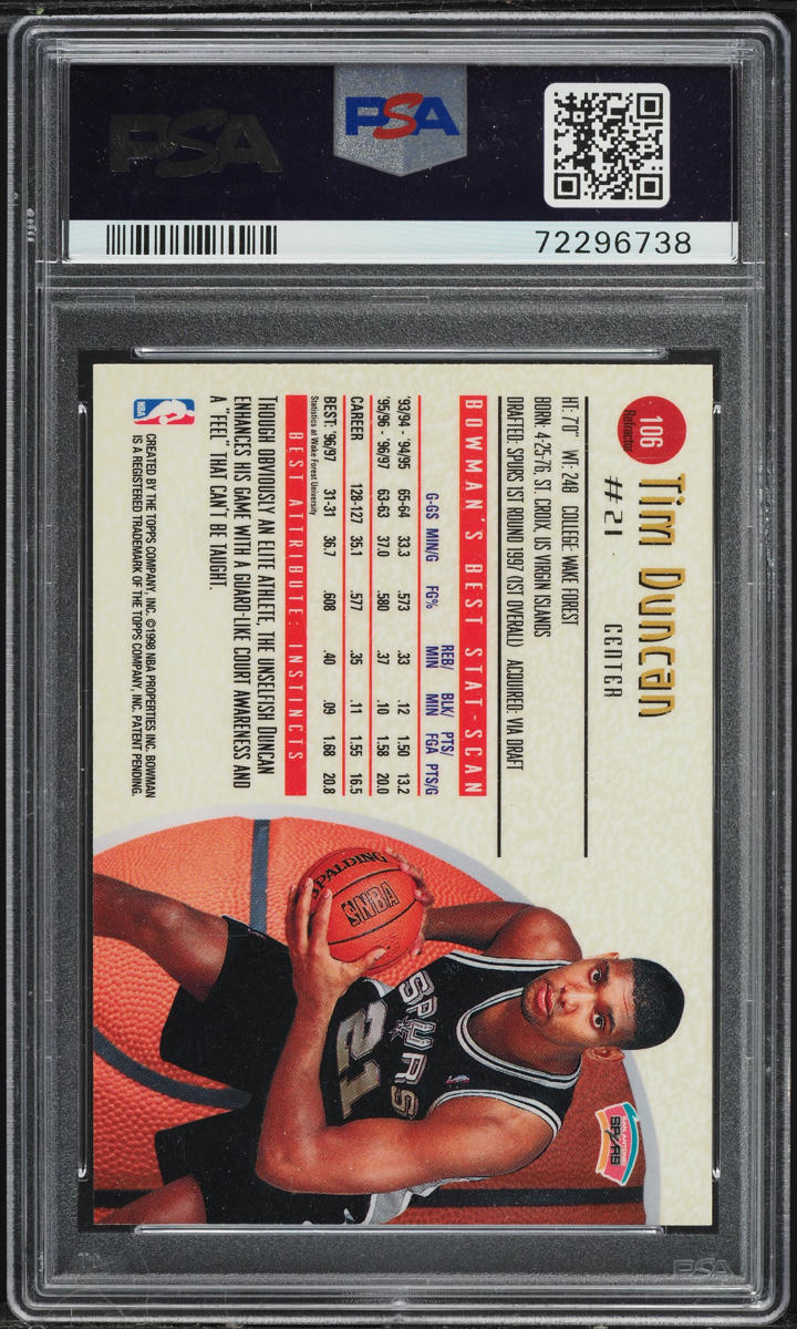 1997 Bowman's Best Refractor Tim Duncan ROOKIE #106 PSA 9 MINT