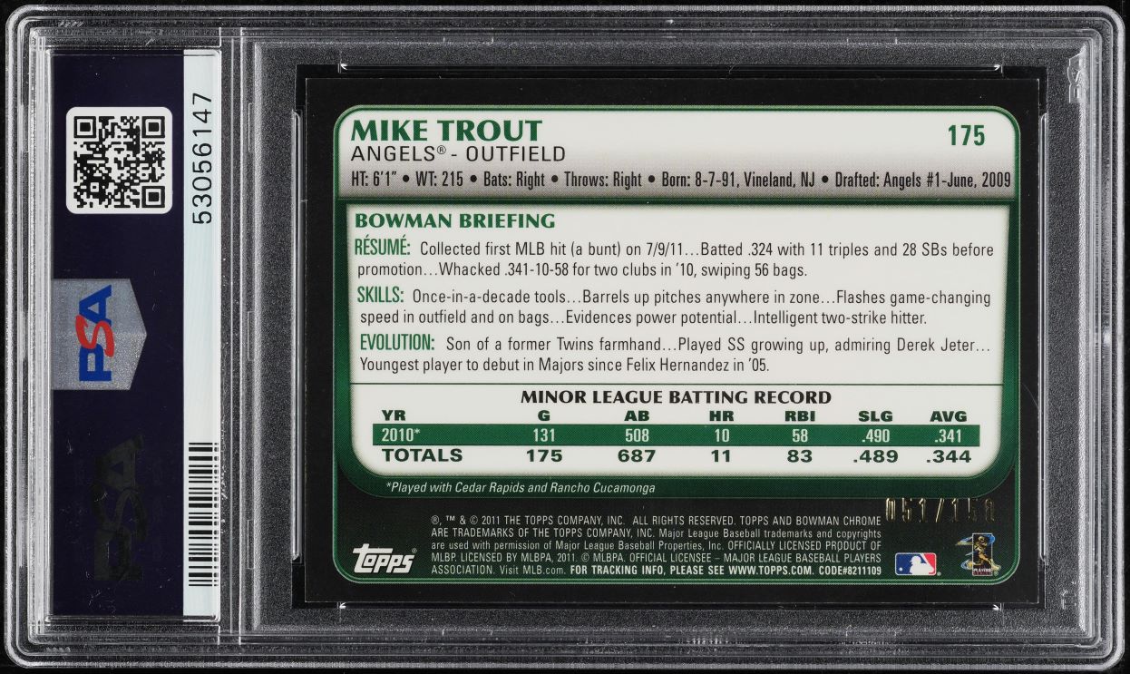 2011 Bowman Chrome Blue Refractor Mike Trout ROOKIE /150 #175 PSA 9 MINT