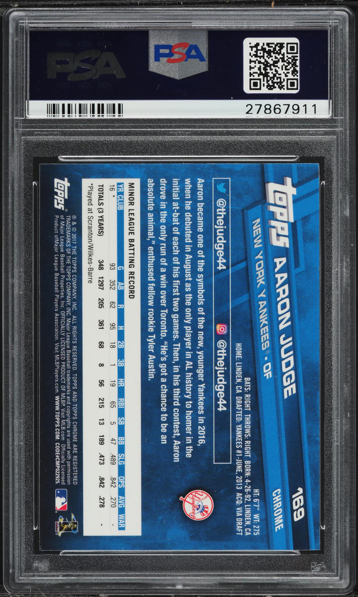 2017 Topps Chrome Catching Aaron Judge ROOKIE #169 PSA 10 GEM MINT