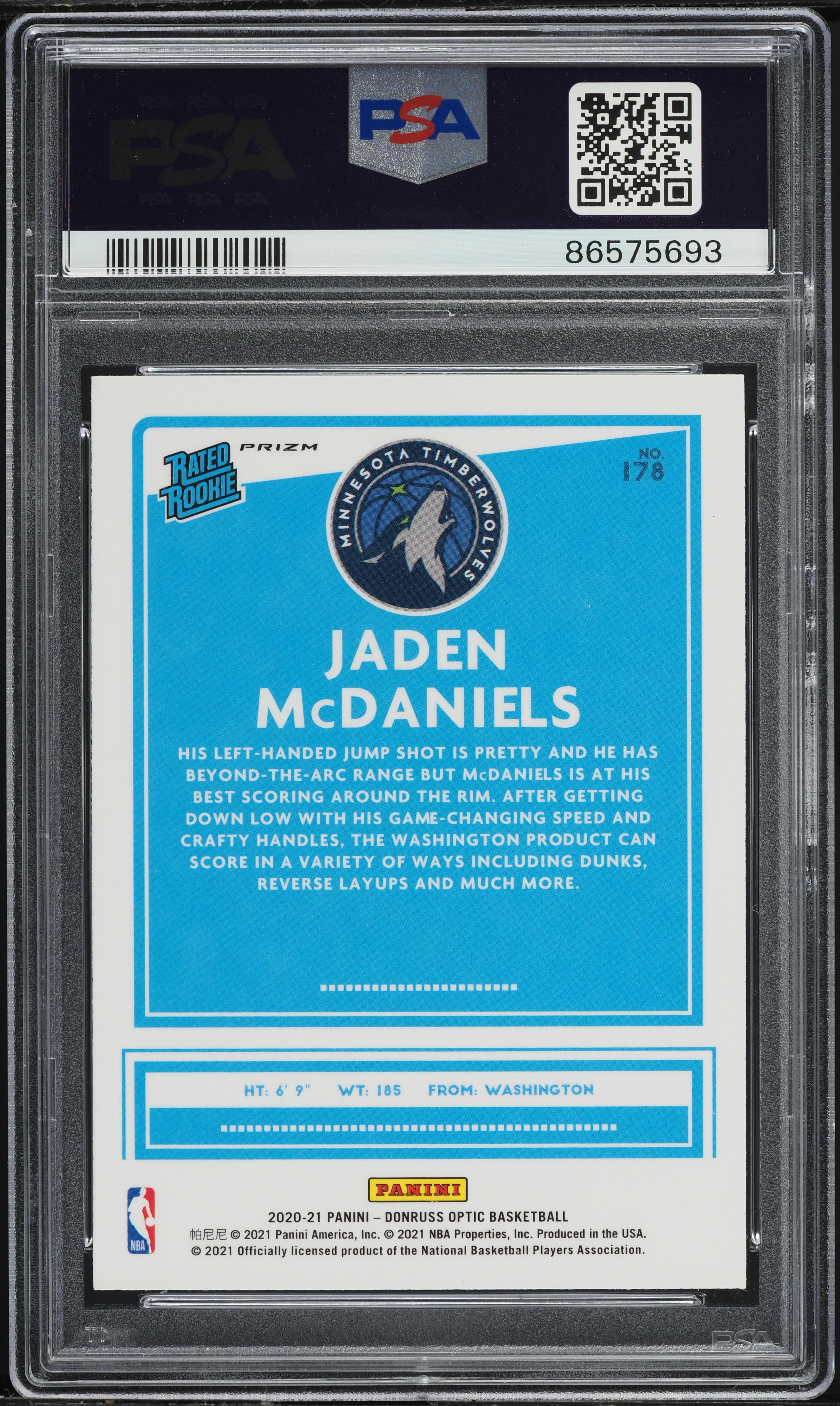 2020 Donruss Optic Green Pulsar Jaden McDaniels ROOKIE #178 PSA 10