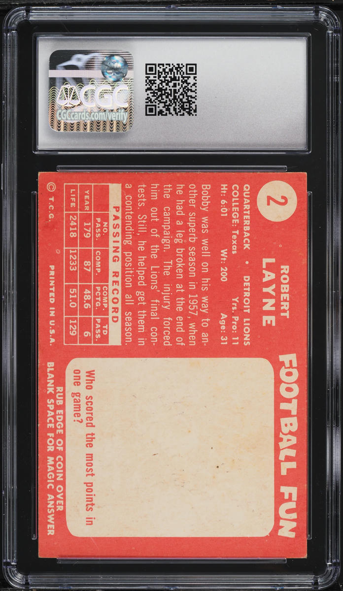 1958 Topps Football Bobby Layne #2 CGC 6 EXMT