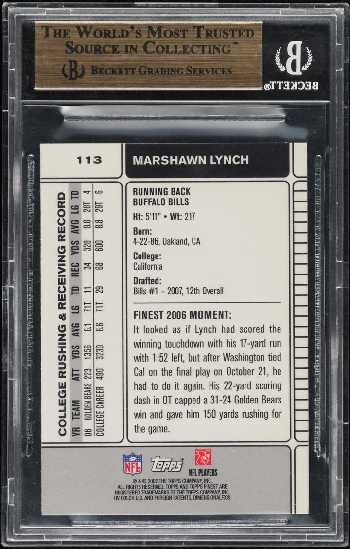 2007 Finest Football Marshawn Lynch ROOKIE #113 BGS 9.5 GEM MINT