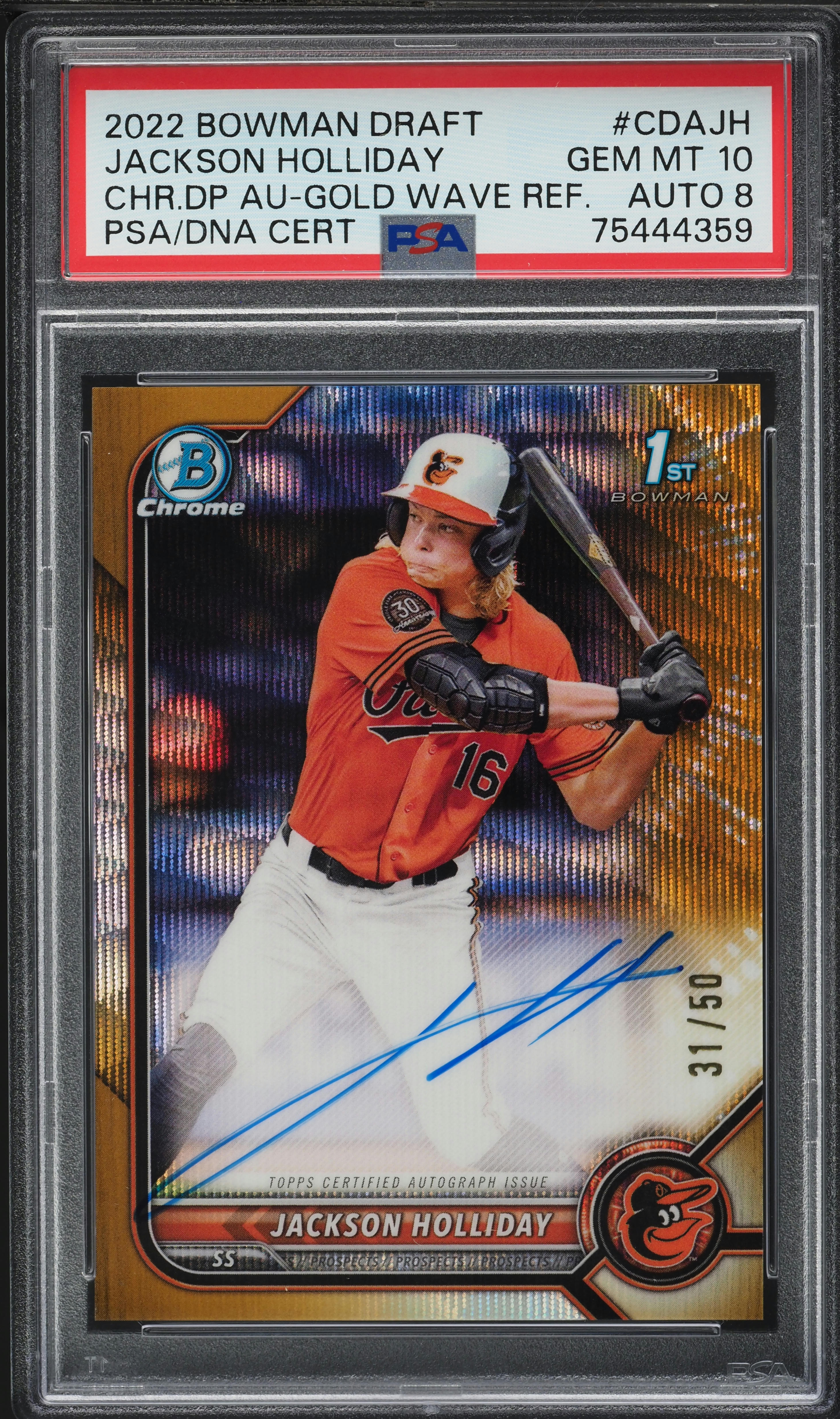 2022 Bowman Chrome Gold Wave Jackson Holliday RC AUTO DNA 8 /50