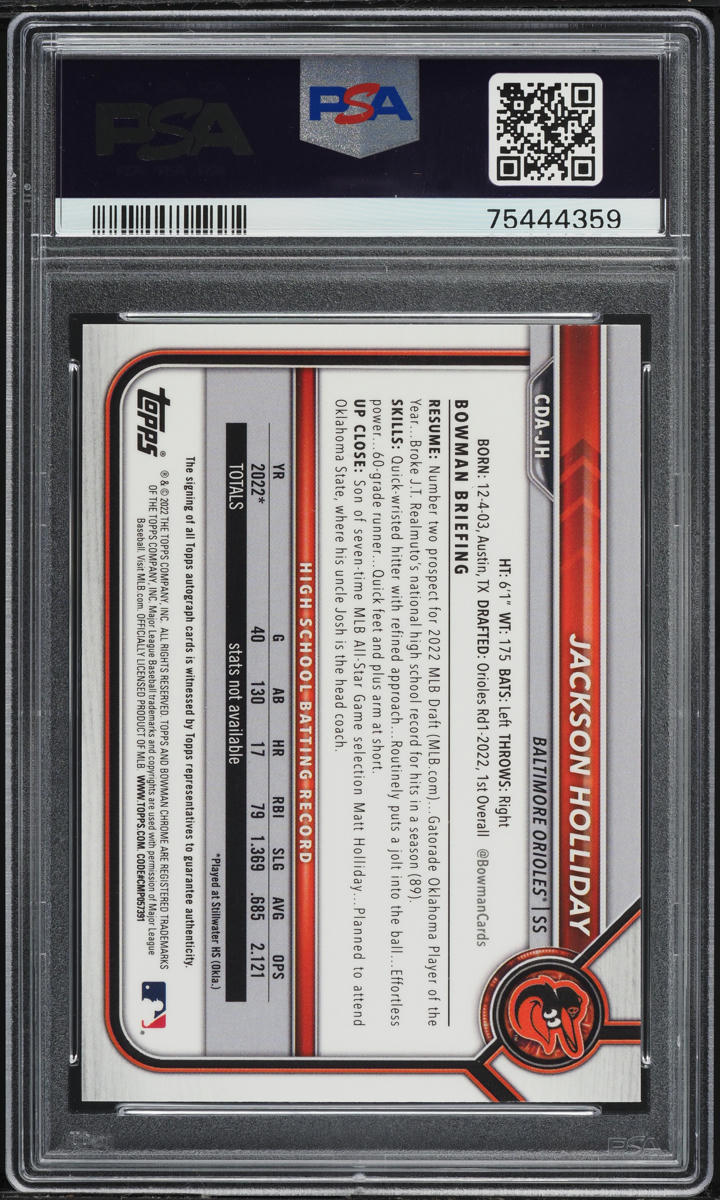 2022 Bowman Chrome Gold Wave Jackson Holliday RC AUTO DNA 8 /50 PSA 10 GEM MINT