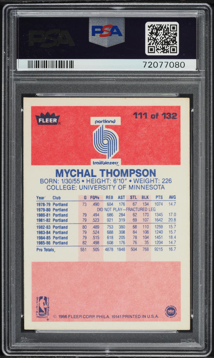 1986 Fleer Basketball Mychal Thompson #111 PSA 5 EX