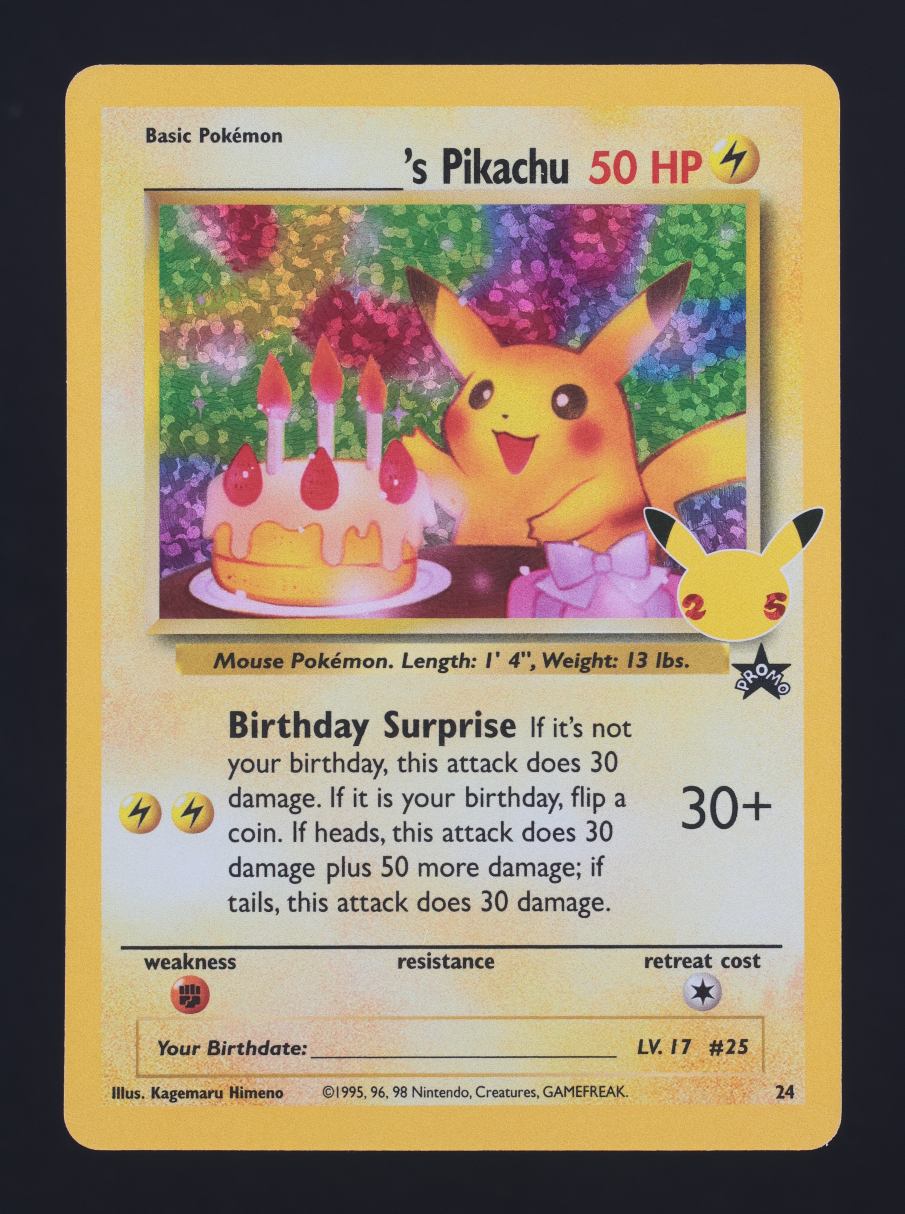 2021 Pokémon Birthday Pikachu-Holo 2021 Pokemon SWSH Celebrations Classic Holo ____'s Pikachu #24 MBA