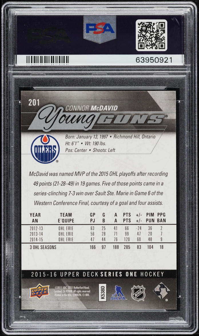 2015 Upper Deck Young Guns Connor McDavid ROOKIE #201 PSA 10 GEM MINT