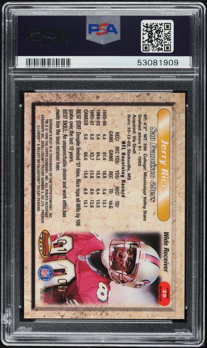 1998 Bowman's Best Atomic Refractor Jerry Rice /100 #20 PSA 10 GEM MINT