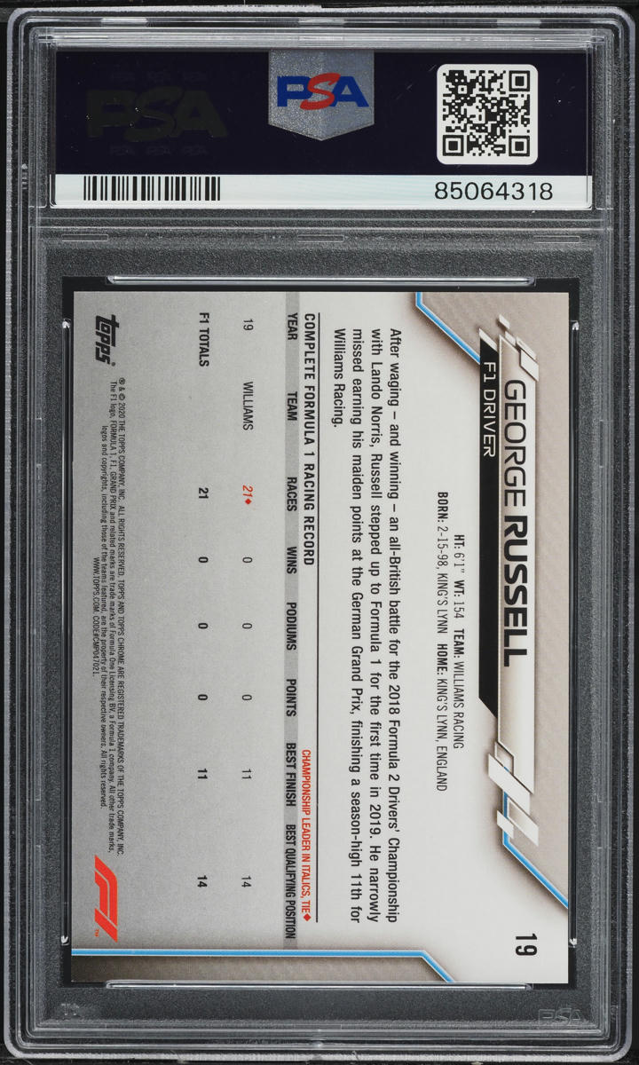 2020 Topps Chrome Formula 1 F1 Sapphire Edition George Russell ROOKIE #19 PSA 10