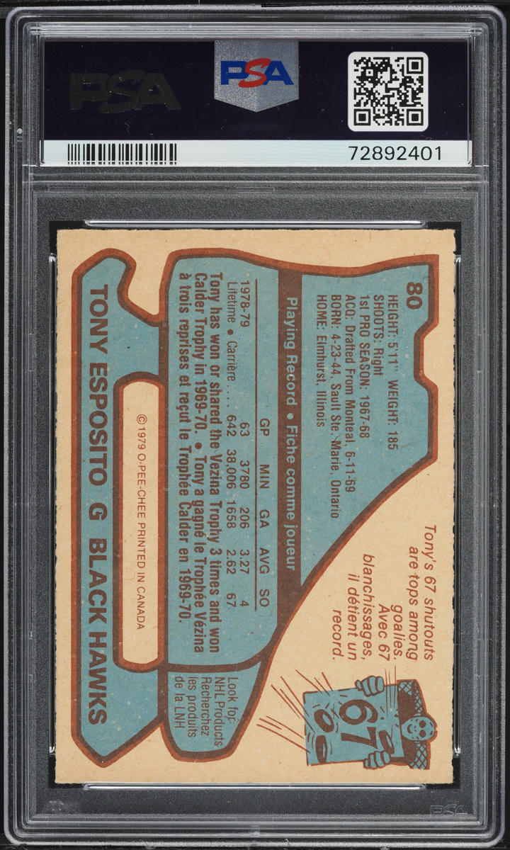 1979 O-Pee-Chee Hockey Tony Esposito #80 PSA 8 NM-MT