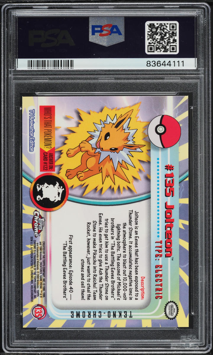 Jolteon Pokemon 2000 Topps Chrome TV Animation Series #135 PSA Authenticated 10 Card Jolteon Pokemon 2000 Topps Chrome TV Animation Series #135 PSA Authenticated 10 Card