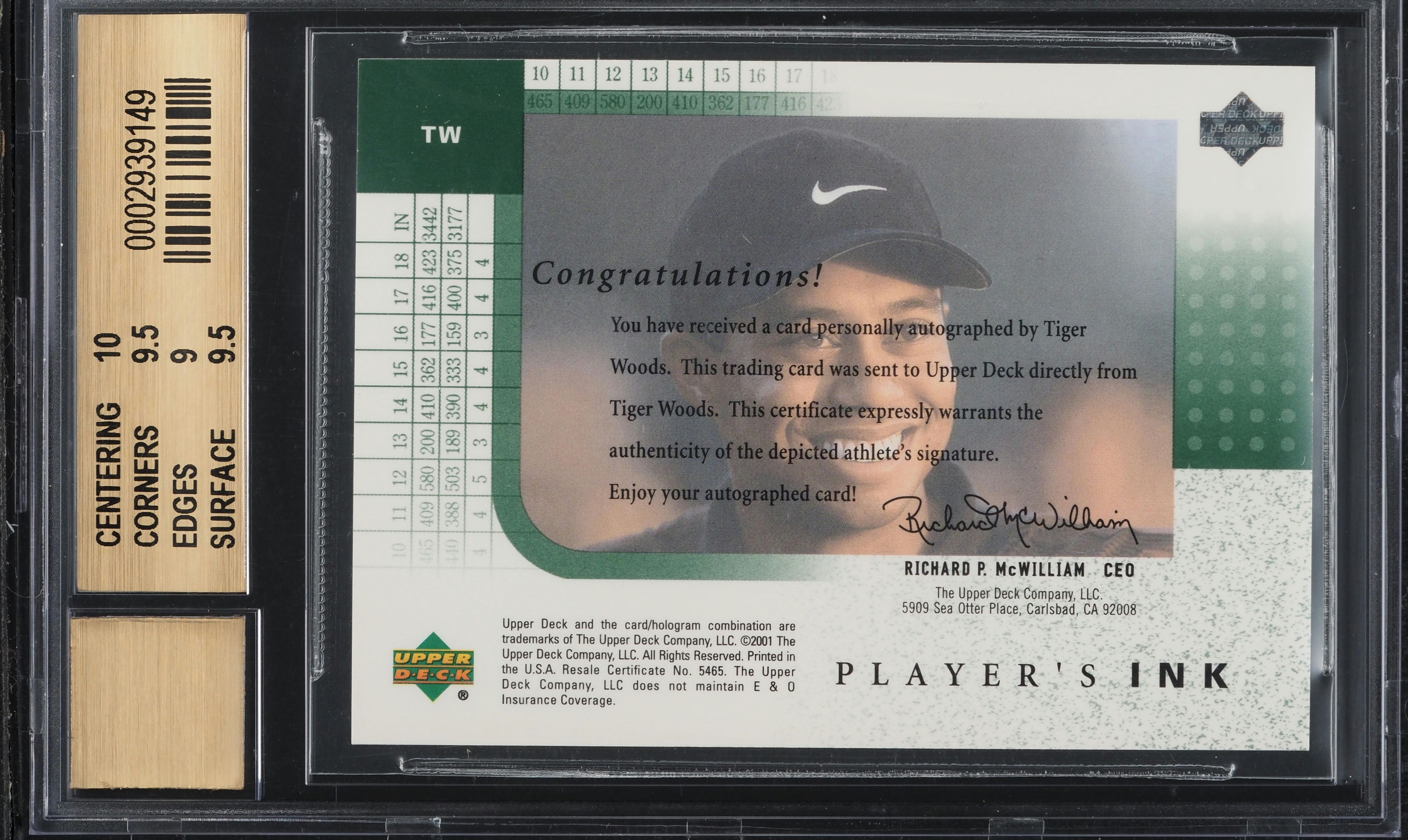 2001 Upper Deck Player's Ink Tiger Woods ROOKIE AUTO #TW BGS 9.5