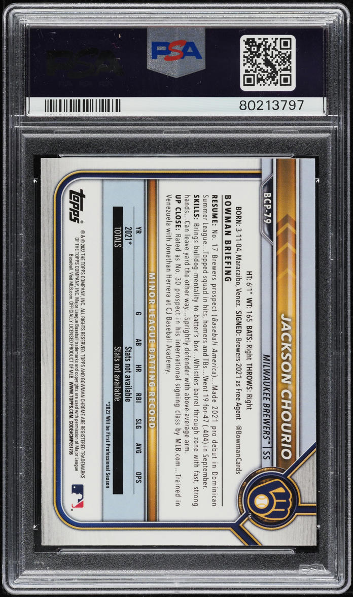 2022 Bowman Chrome Prospects Jackson Chourio ROOKIE #BCP-79 PSA 10 GEM MINT
