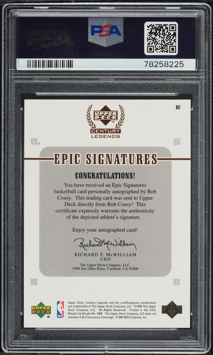 1999 Upper Deck Century Legends Epic Signatures Bob Cousy AUTO #BC PSA 10 GEM