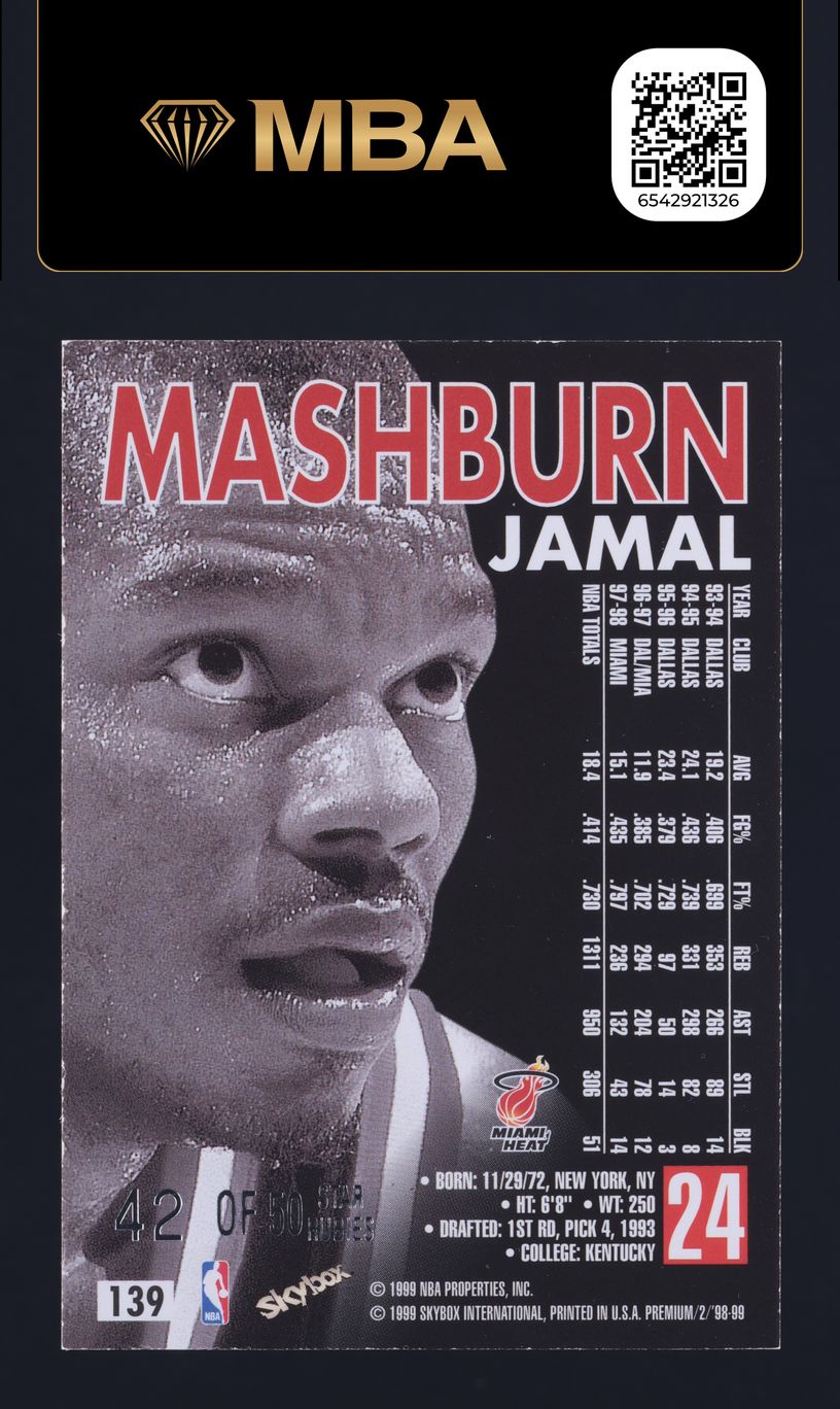 1998 Skybox Premium Star Rubies Jamal Mashburn /50 #139 MBA AUTH