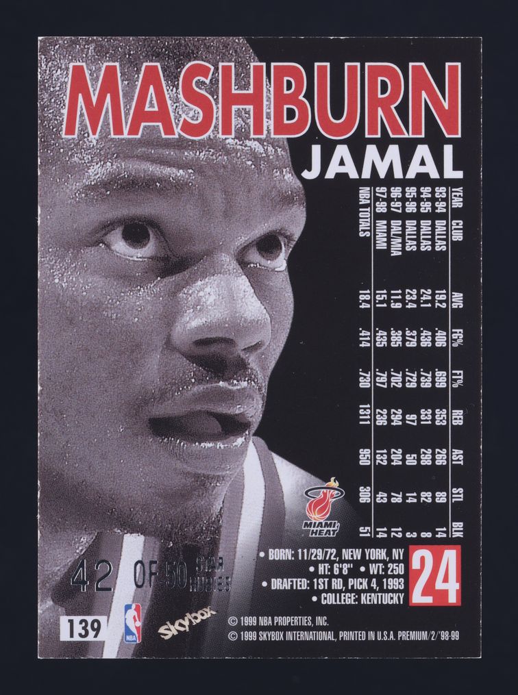1998 Skybox Premium Star Rubies Jamal Mashburn /50 #139 MBA AUTH