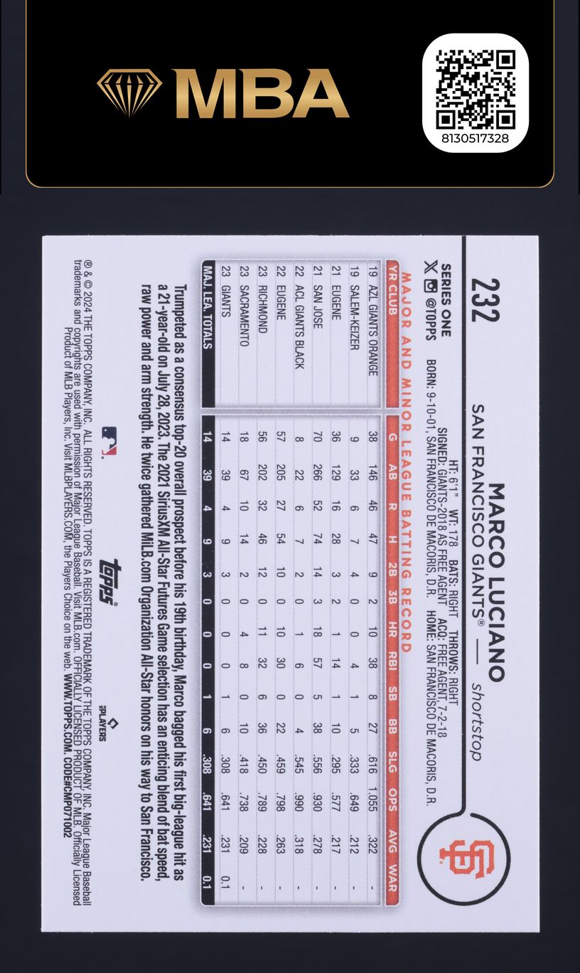 2024 Topps Marco Luciano ROOKIE #232 MBA AUTH