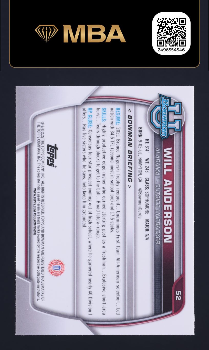2022 Bowman Chrome University Will Anderson ROOKIE #52 MBA AUTH