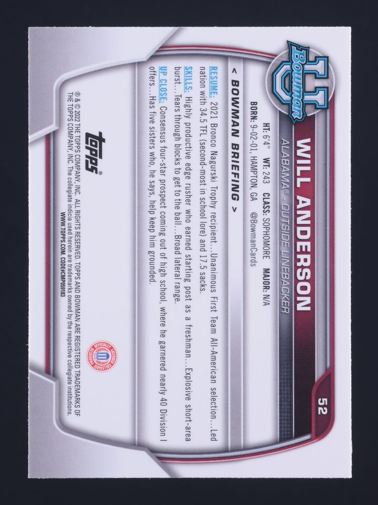 2022 Bowman Chrome University Will Anderson ROOKIE #52 MBA AUTH