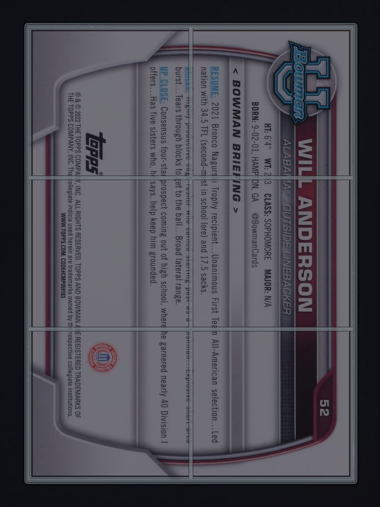 2022 Bowman Chrome University Will Anderson ROOKIE #52 MBA AUTH