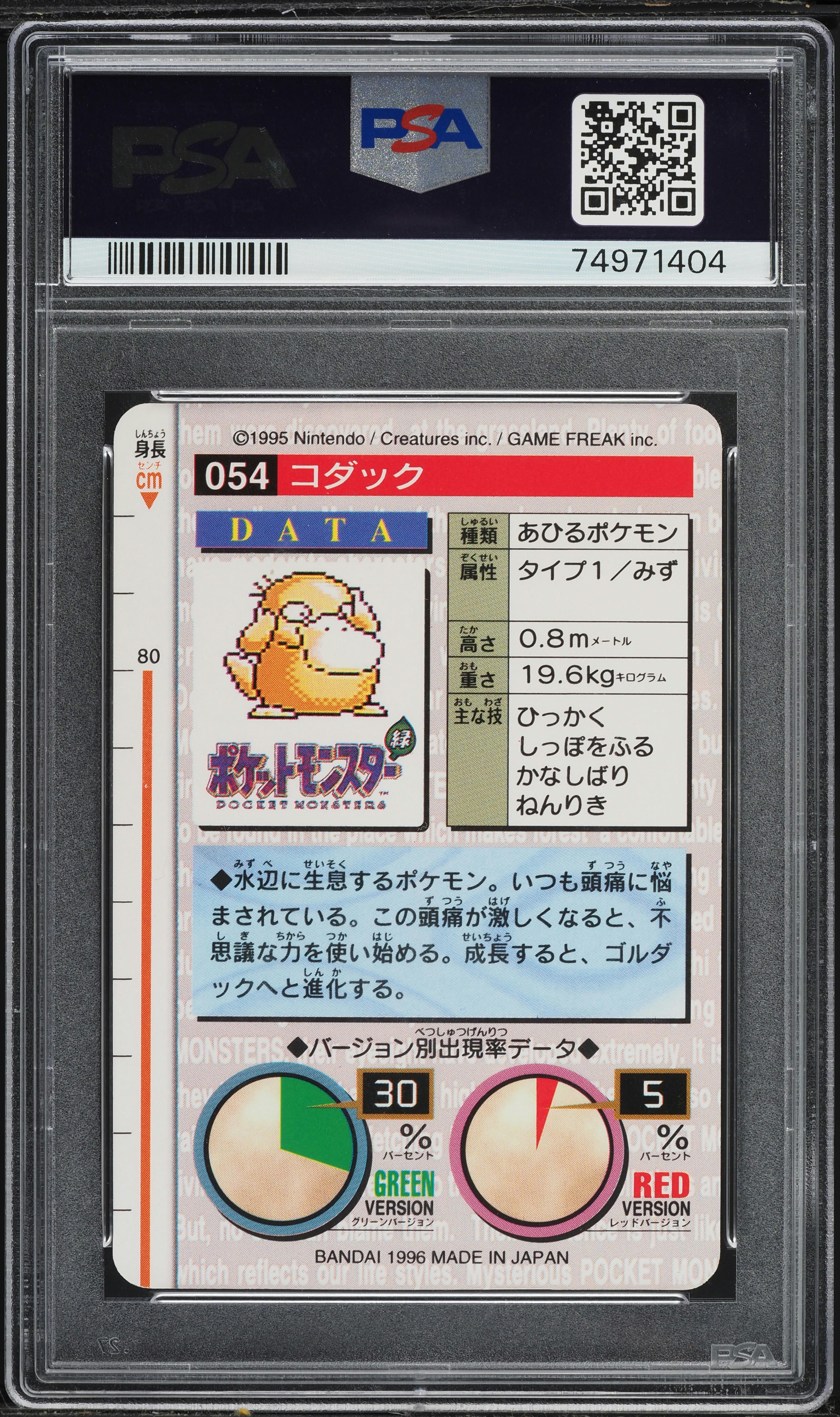 1996 Pokemon Japanese Bandai Carddass Vending Psyduck #54 PSA 10