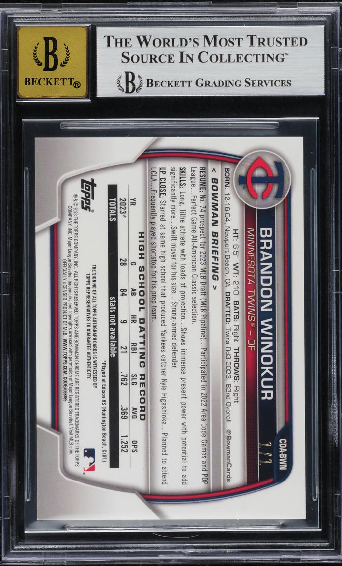 2023 Bowman Chrome Draft Superfractor Brandon Winokur ROOKIE AUTO 1/1 BGS 9 MINT
