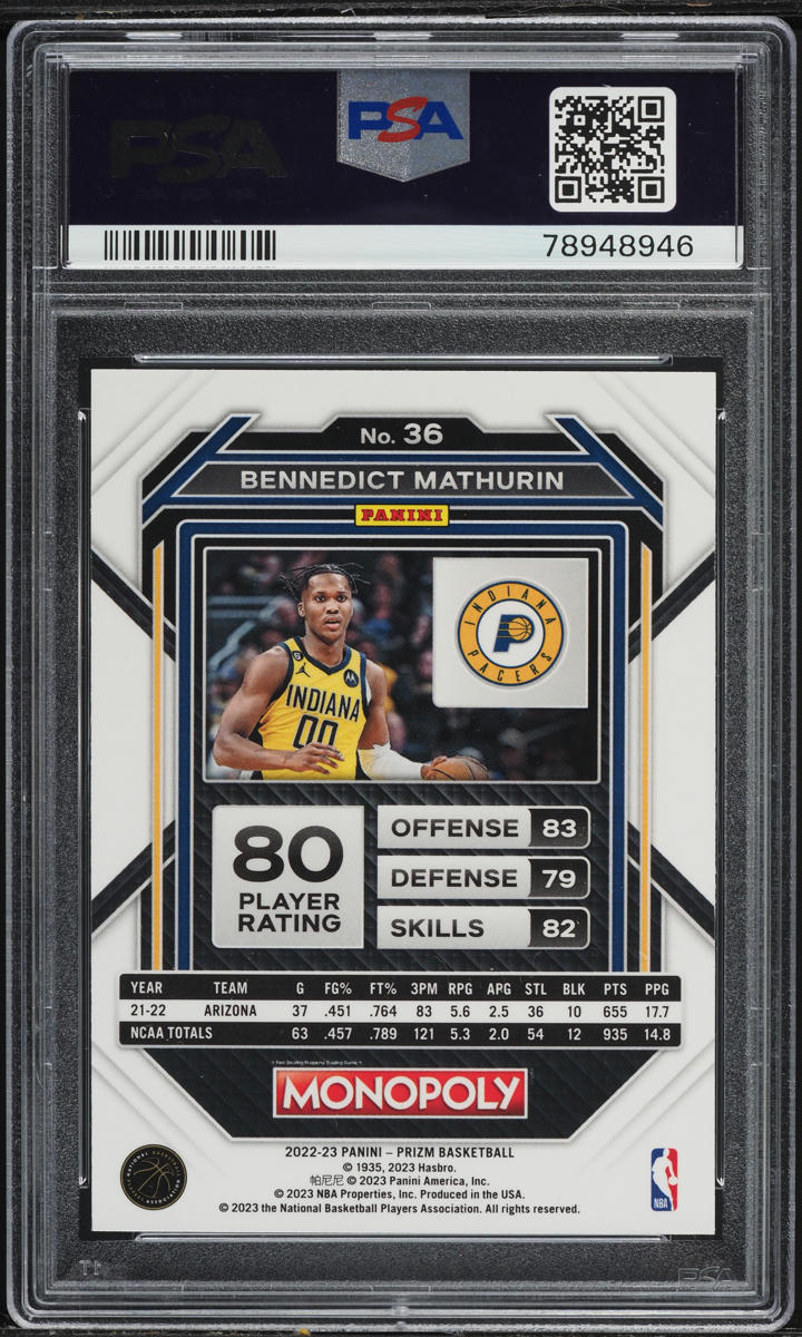 2022 Panini Prizm Monopoly Bennedict Mathurin ROOKIE #36 PSA 8 NM-MT