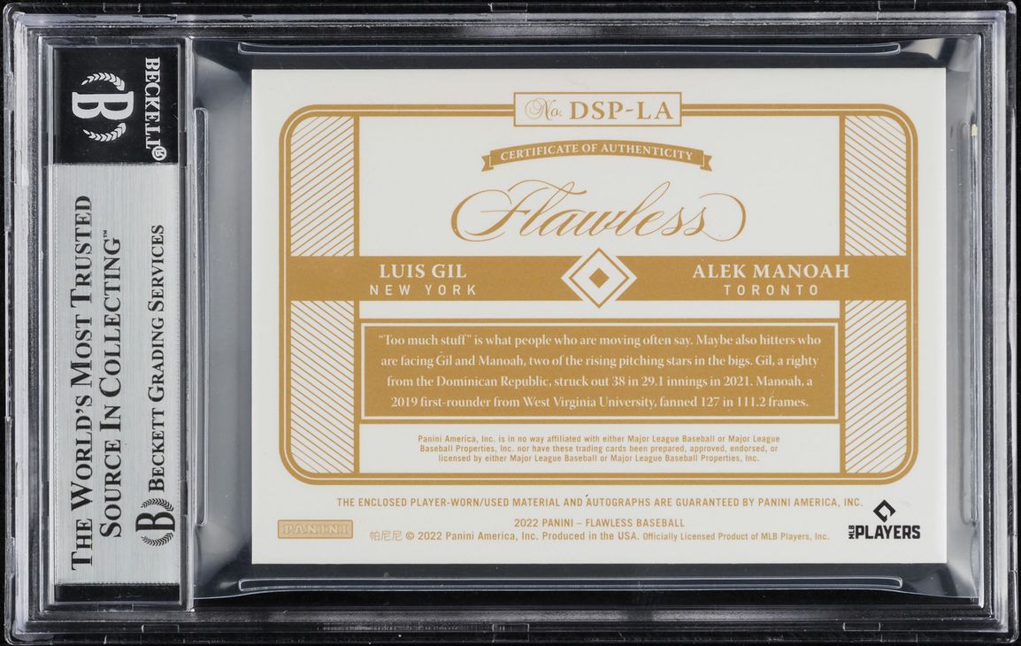 2022 Panini Flawless Dual Alek Manoah Luis Gil ROOKIE PATCH AUTO /25 BGS 8.5