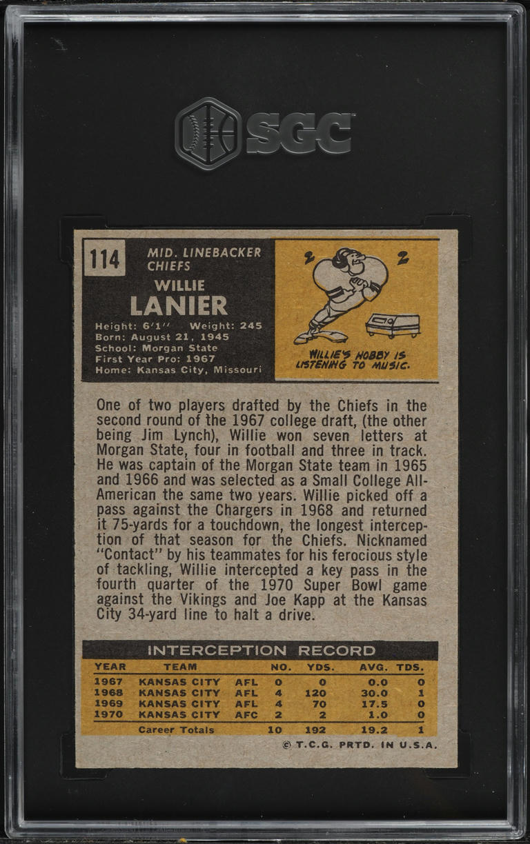 1971 Topps Football Willie Lanier ROOKIE #114 SGC 7 NRMT