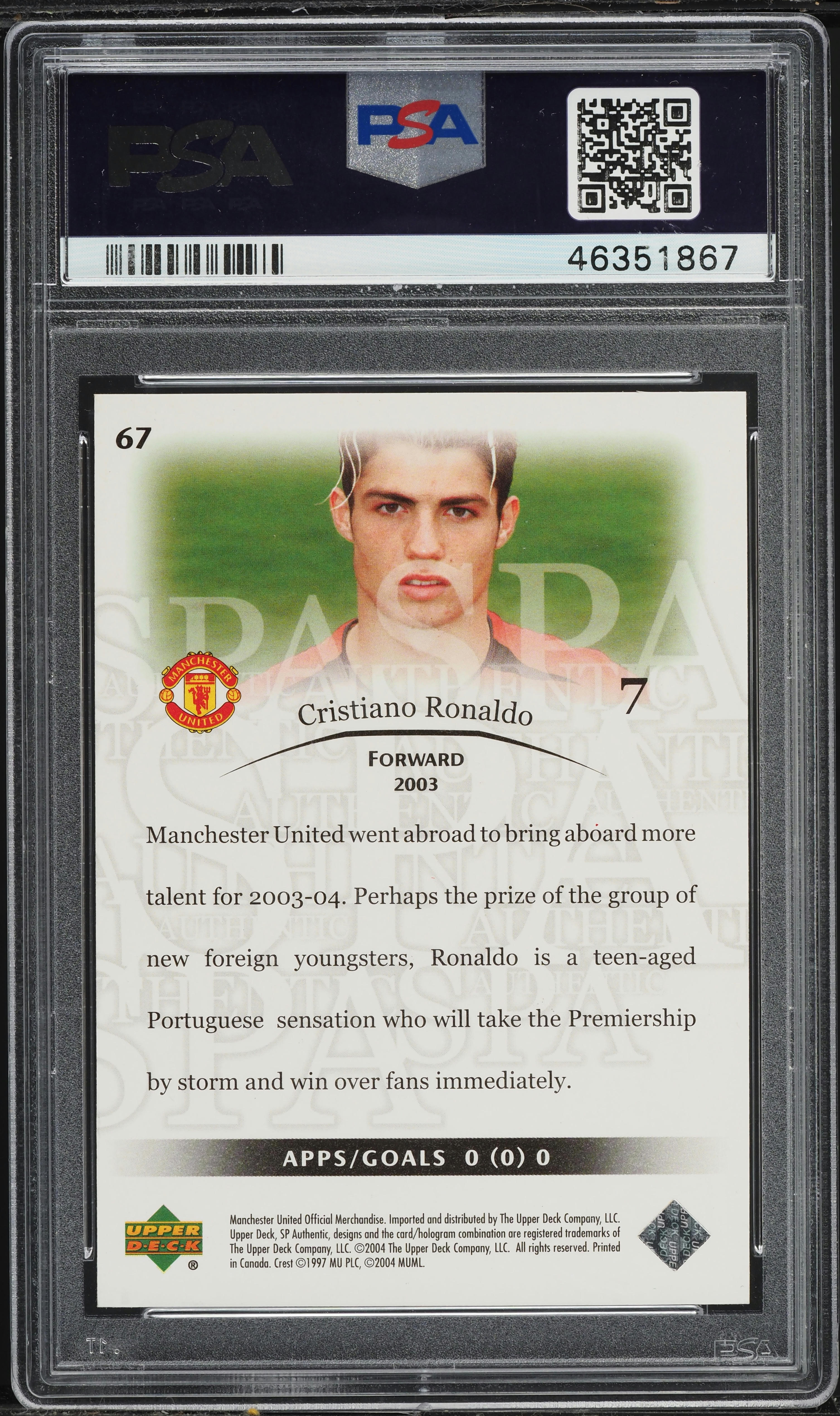 2004 SP Authentic Manchester United Cristiano Ronaldo #67 PSA 10