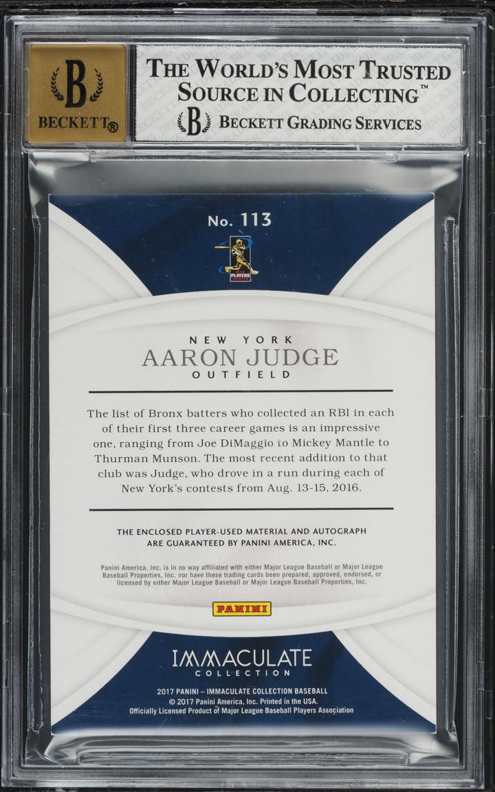 2017 Immaculate Collection Gold Aaron Judge ROOKIE PATCH AUTO /49 #113 BGS 8