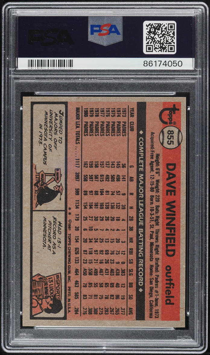 1981 Topps Traded Dave Winfield #855 PSA 10 GEM MINT