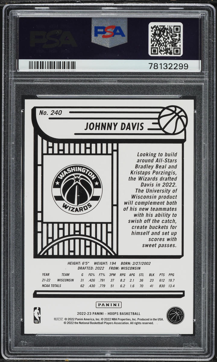 2022 Hoops Johnny Davis ROOKIE #240 PSA 9 MINT