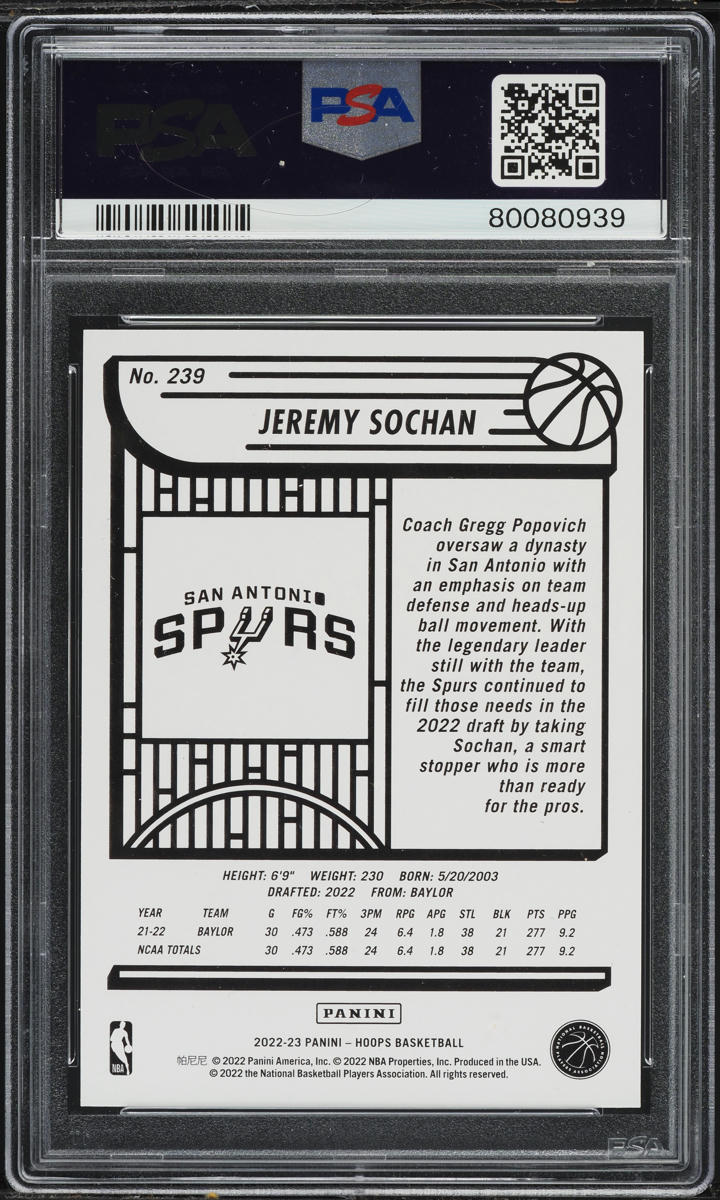 2022 Hoops Jeremy Sochan ROOKIE #239 PSA 9 MINT on Fanatics Collect