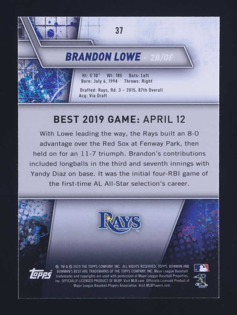 2019 Bowman's Best Brandon Lowe ROOKIE #37 MBA AUTH