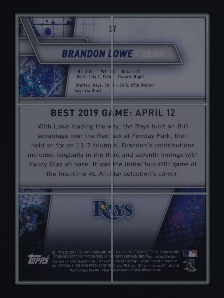 2019 Bowman's Best Brandon Lowe ROOKIE #37 MBA AUTH