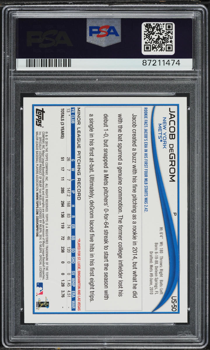 2014 Topps Update Pointing Jacob DeGrom ROOKIE #US50 PSA 9 MINT