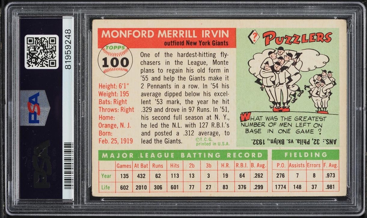 1955 Topps Monte Irvin #100 PSA 3 VG