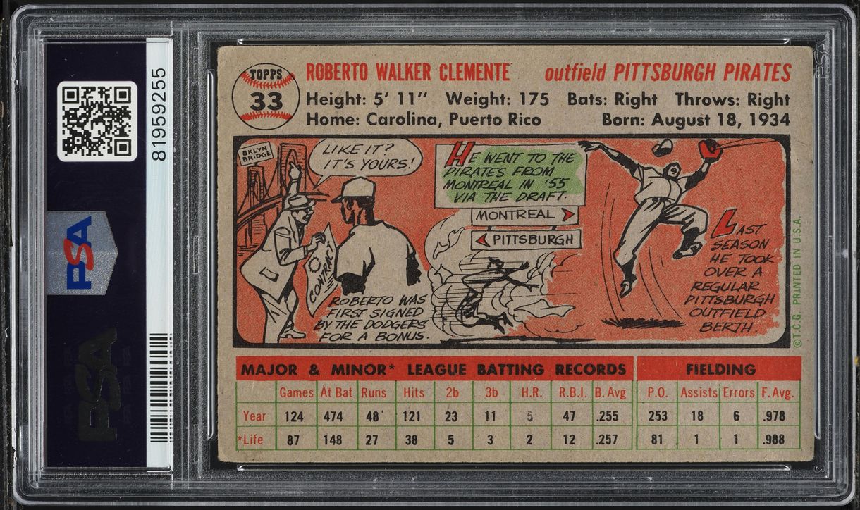 1956 Topps Roberto Clemente #33 PSA 3 VG