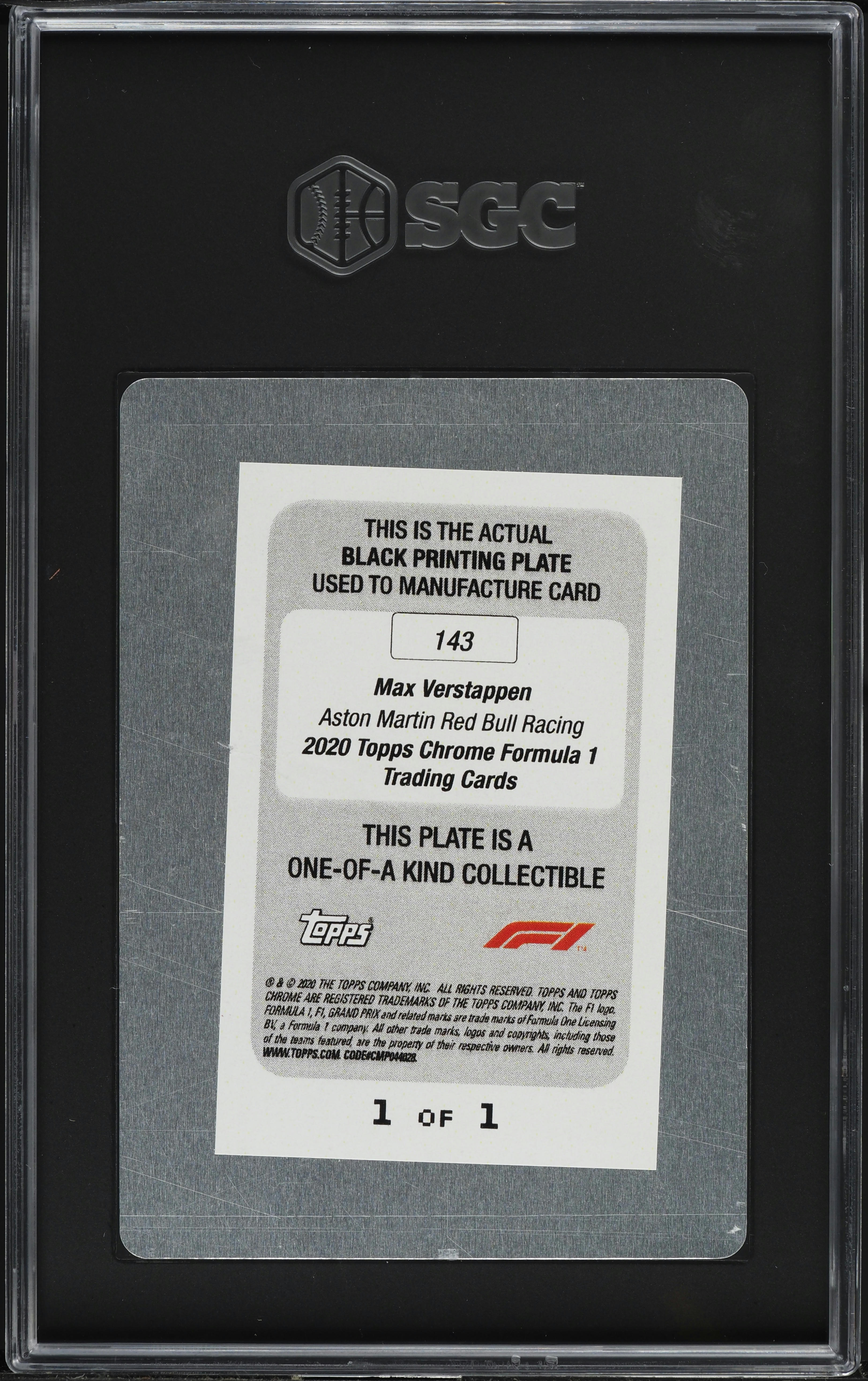 2020 Topps Chrome F1 Black Printing Plate Max Verstappen 1/1 #143