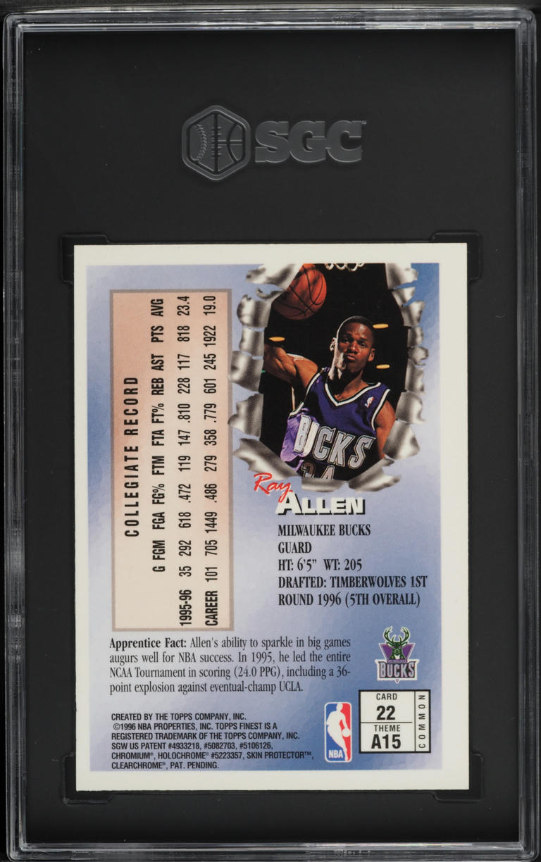 1996 Finest Bronze w/ Coating Ray Allen ROOKIE #22 SGC 8 NM-MT