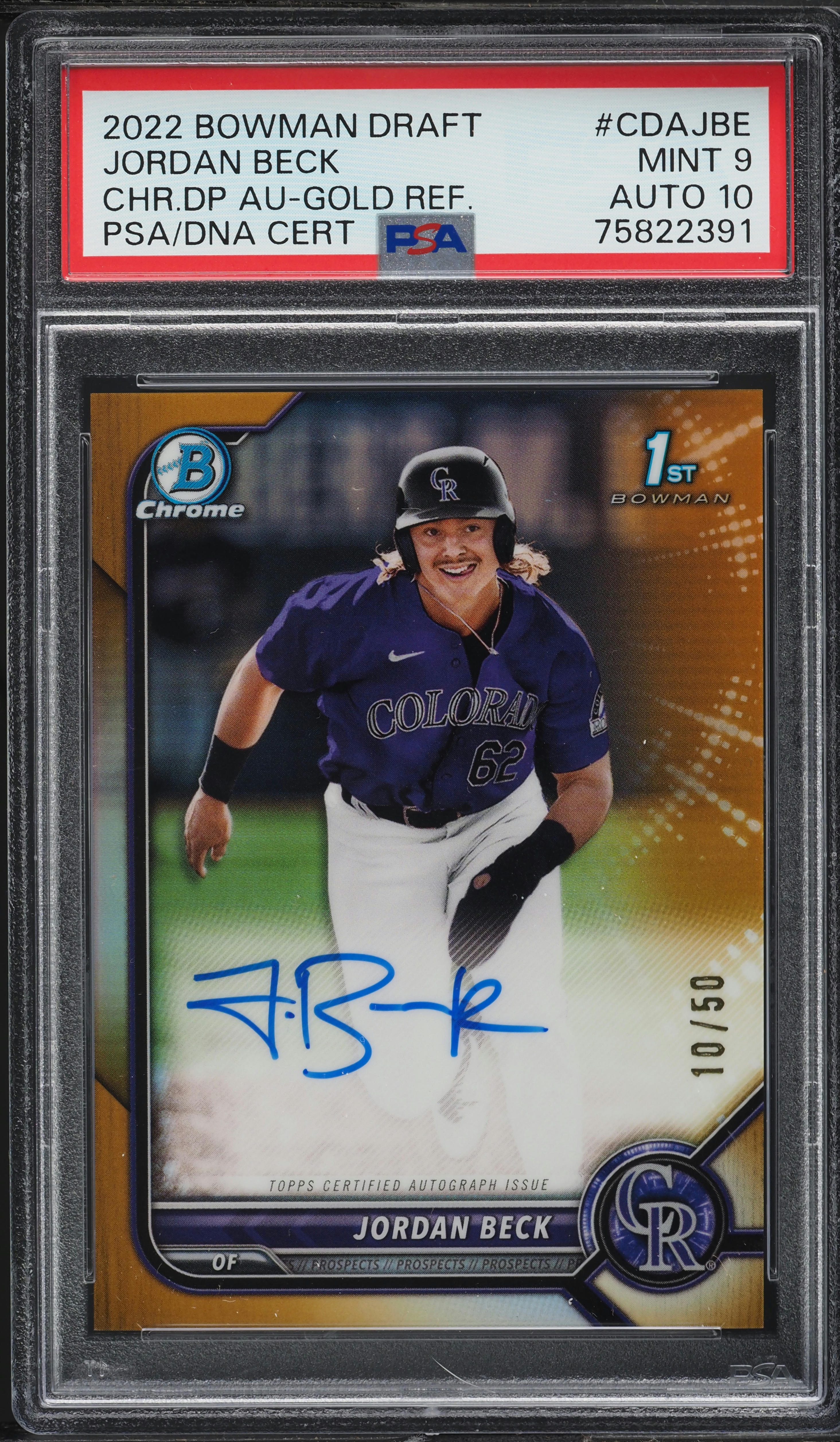 2022 Bowman Chrome Gold Refractor Jordan Beck ROOKIE AUTO DNA 10