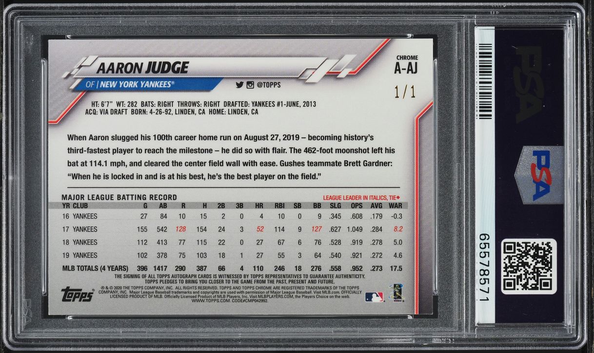 2020 Topps Chrome Update Sapphire Superfractor Aaron Judge AUTO 1/1 PSA 9 MINT