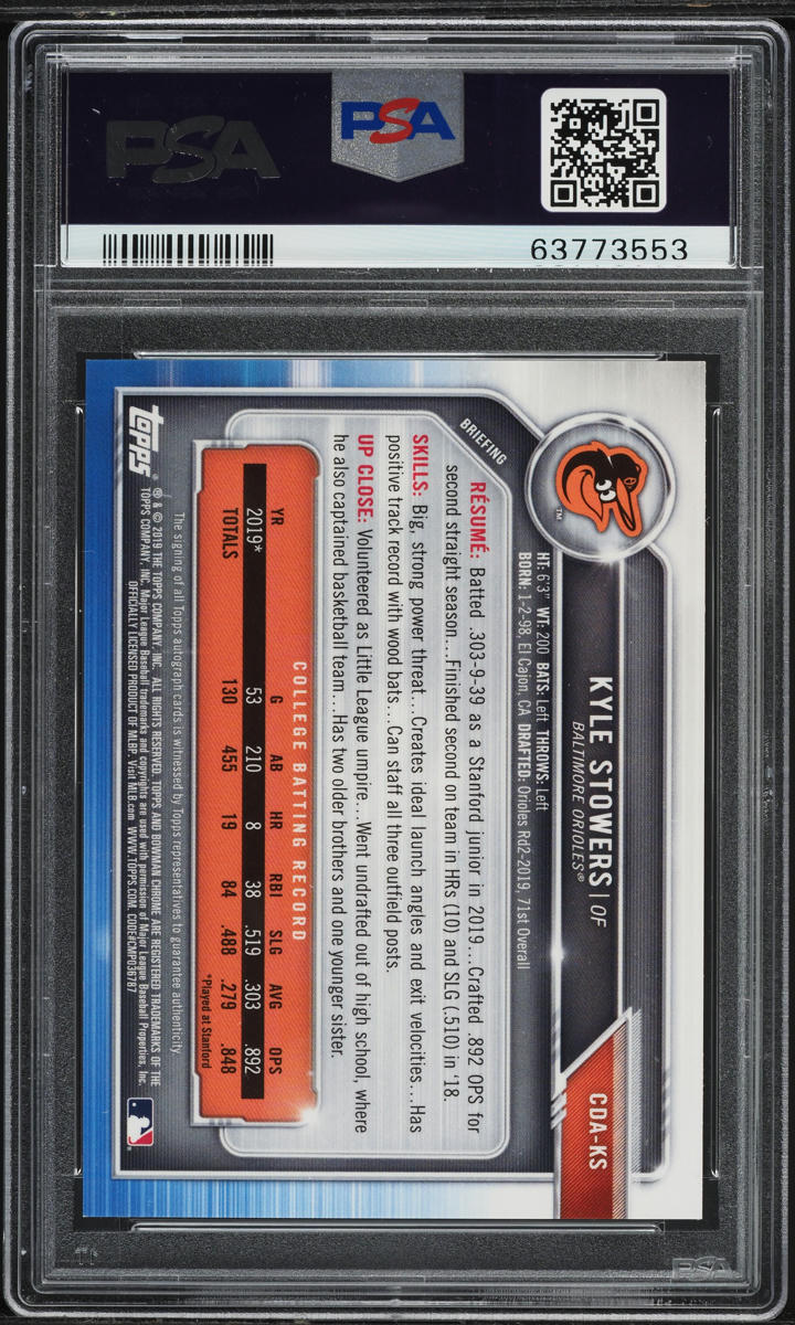 2019 Bowman Chrome Draft Orange Refractor Kyle Stowers ROOKIE AUTO /25 PSA 10