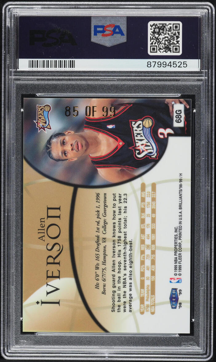 1998 Fleer Brilliants Gold Allen Iverson /99 #68G PSA 8 NM-MT