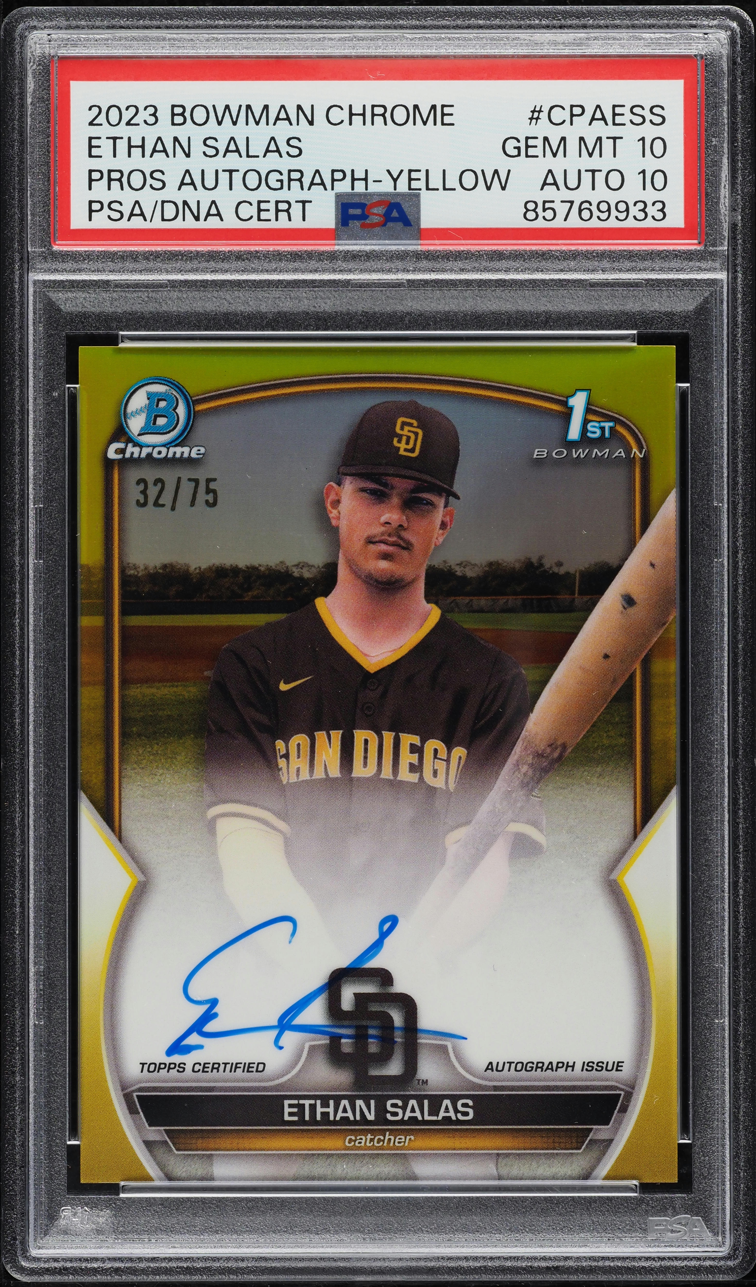 2023 Bowman Chrome Prospect Yellow Ethan Salas RC AUTO DNA 10 /75