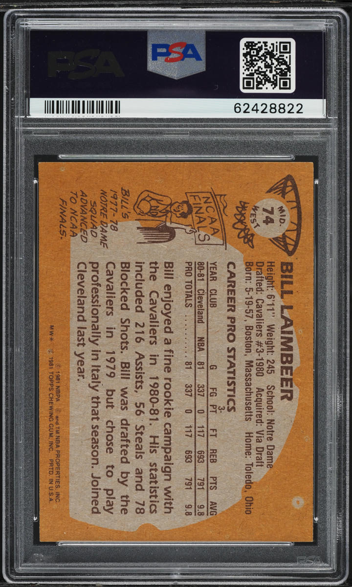 1981 Topps Basketball Bill Laimbeer ROOKIE, MIDWEST #74 PSA 6 EXMT